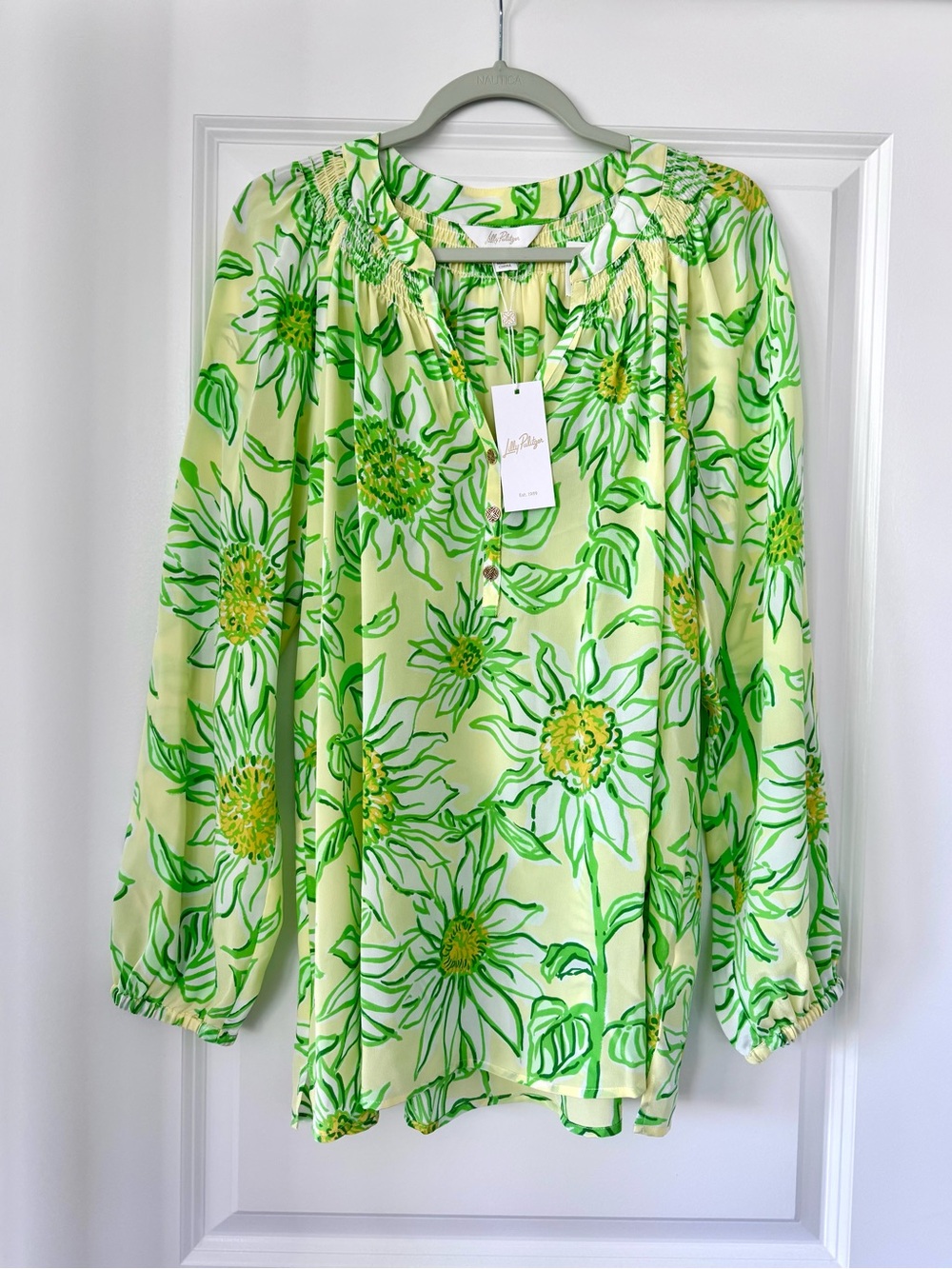 Lilly Pulitzer Elsa Top Floral Silk Blouse, Limoncello Sunbelievable, size XL